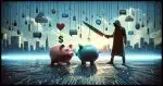 The scene includes a metaphorical depiction of the scam process, showing a digital landscape with a piggy bank standing on one side, looking full and healthy, connected by a series of digital pathways and strings to a shadowy figure on the other side, who holds a butcher knife made of binary code, symbolizing the scammer preparing to 'butcher' the victim's savings. The background is a mix of digital and real elements, such as a cityscape blending into a circuit board, representing the intersection of technology and everyday life where these scams take place. Include symbols like chat bubbles, hearts, and dollar signs floating between the piggy bank and the shadowy figure to represent the building of trust, emotional manipulation, and financial transactions involved in the scam. The overall atmosphere should be ominous yet subtle, highlighting the deceptive and hidden dangers of online scams.