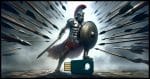 A Roman warrior in full armor, holding a large shield in a defensive stance, is standing protectively over a USB security key placed on the ground. The sky is darkened by a dense flurry of incoming arrows, emphasizing the warrior's role as the protector of this modern digital key.