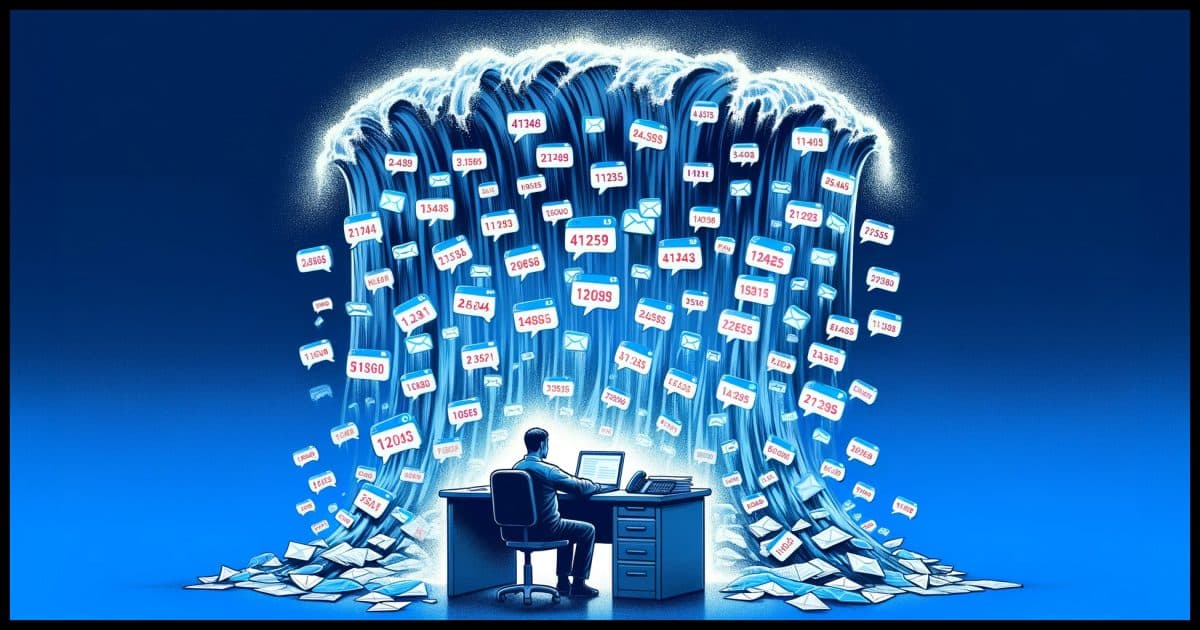 An illustration of a person sitting at a desk, overwhelmed by a flood of phone calls and text messages pouring out from their smartphone, like water. Each call and message is visibly marked as spam, forming a wave that threatens to engulf the workspace.