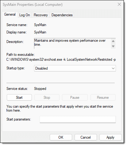 SysMain Properties.