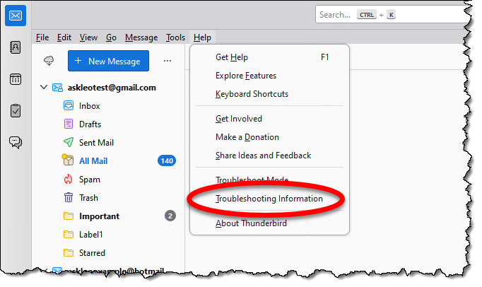 Thunderbird Help menu, Troubleshooting information item.