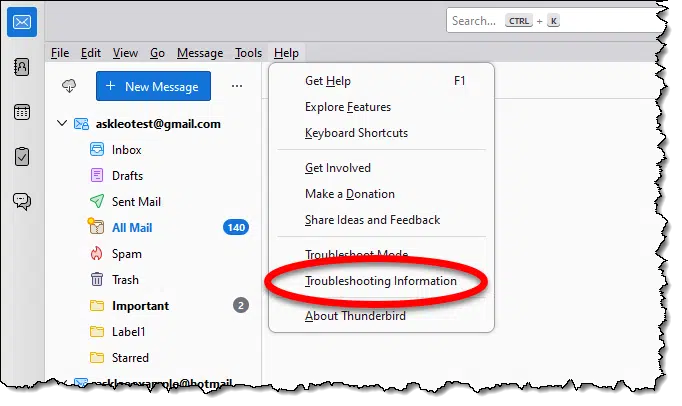 Thunderbird Help menu, Troubleshooting information item.
