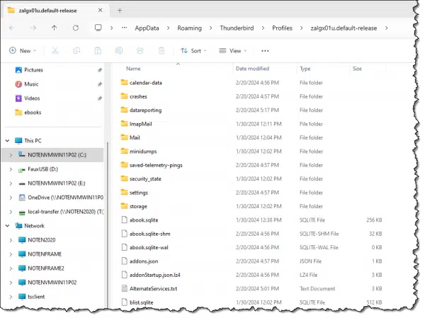Thunderbird profile folder contents.