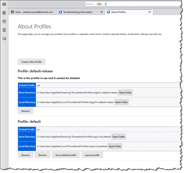 Thunderbird profile information.