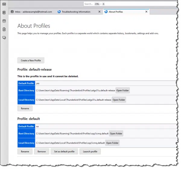 Thunderbird profile information.