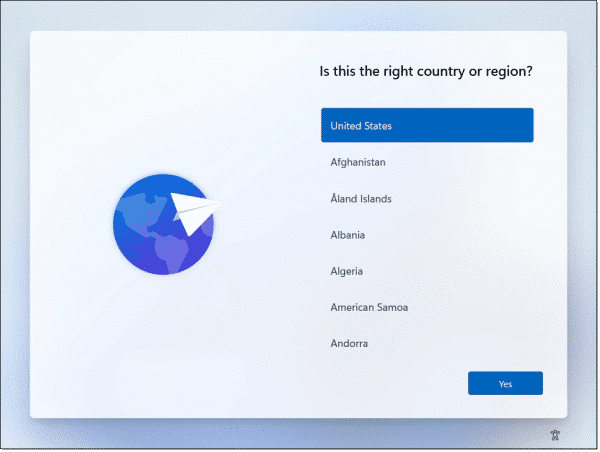 Windows 11 Setup Country Selection.