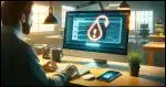 A user in a modern, well-lit office environment. The user is viewing their computer screen, which displays an email with a phishing attempt; a large, transparent fish hook symbol overlays the email content, indicating danger. Beside the computer, on the desk, is a smartphone showing a notification for a two-factor authentication (2FA) request.