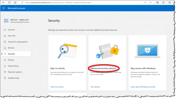 Advanced Security options link.