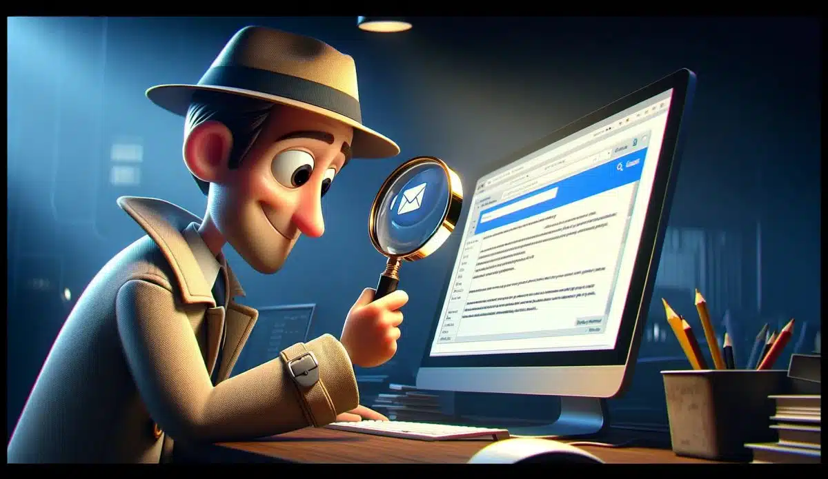 An investigator, characterized by a friendly and approachable design, using a magnifying glass to look closely at an email message on a computer screen. The scene is set in a dimly lit room, highlighting the focus on the screen, suggesting the importance of paying attention to detail. The investigator's expression is one of curiosity and determination, emphasizing the significance of scrutinizing every piece of information to uncover the truth behind the email message. This image should inspire viewers to be more diligent and thoughtful when examining their own emails.