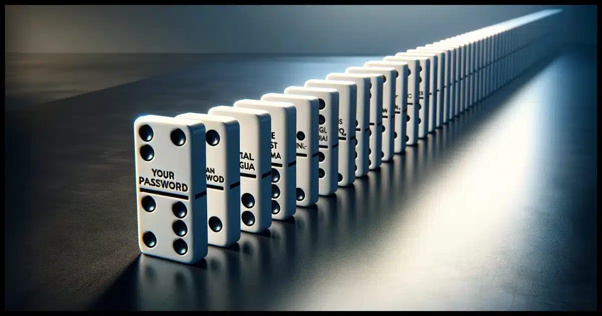 A line of dominoes on a sleek, modern table. The first domino in the line is labeled "Your Password", and the subsequent dominoes are labeled with generic online service categories like "Email", "Social Media", "Banking", etc. Each domino represents a different aspect of one's digital life, illustrating the concept of how a single compromised password can lead to a chain reaction affecting various online accounts.
