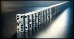 A line of dominoes on a sleek, modern table. The first domino in the line is labeled "Your Password", and the subsequent dominoes are labeled with generic online service categories like "Email", "Social Media", "Banking", etc. Each domino represents a different aspect of one's digital life, illustrating the concept of how a single compromised password can lead to a chain reaction affecting various online accounts.