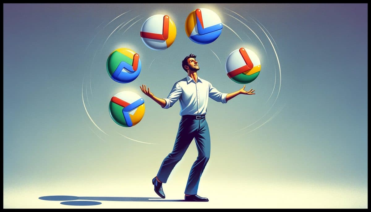 A skilled juggler is performing an impressive feat, effortlessly juggling bright and easily recognizable Gmail icons in mid-air. The juggler is focused, with a look of concentration and joy on their face, as they stand against a simple, unobtrusive background that doesn't detract from the spectacle of the Gmail icons being tossed with expert precision.