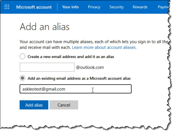 Adding an alias to a Microsoft Account.