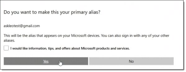 Microsoft Account: Make alias primary.