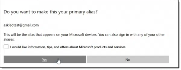Microsoft Account: Make alias primary.