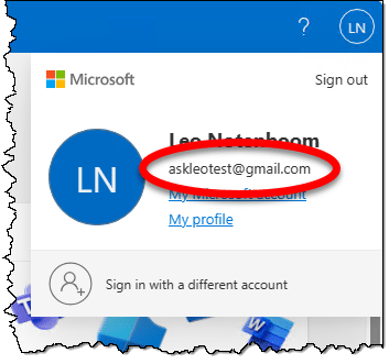 Microsoft account corner info.