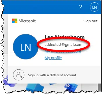 Microsoft account corner info.