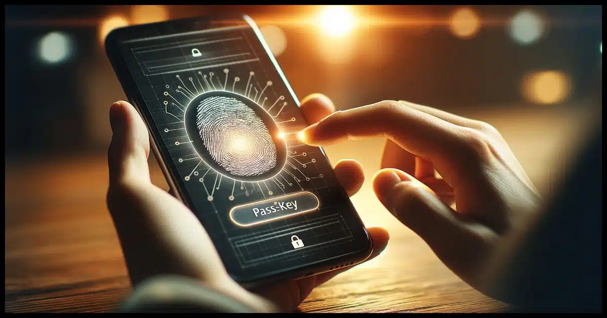A close-up of hands using a smartphone or tablet, with the device's screen displaying a clear and bright passkey icon.
