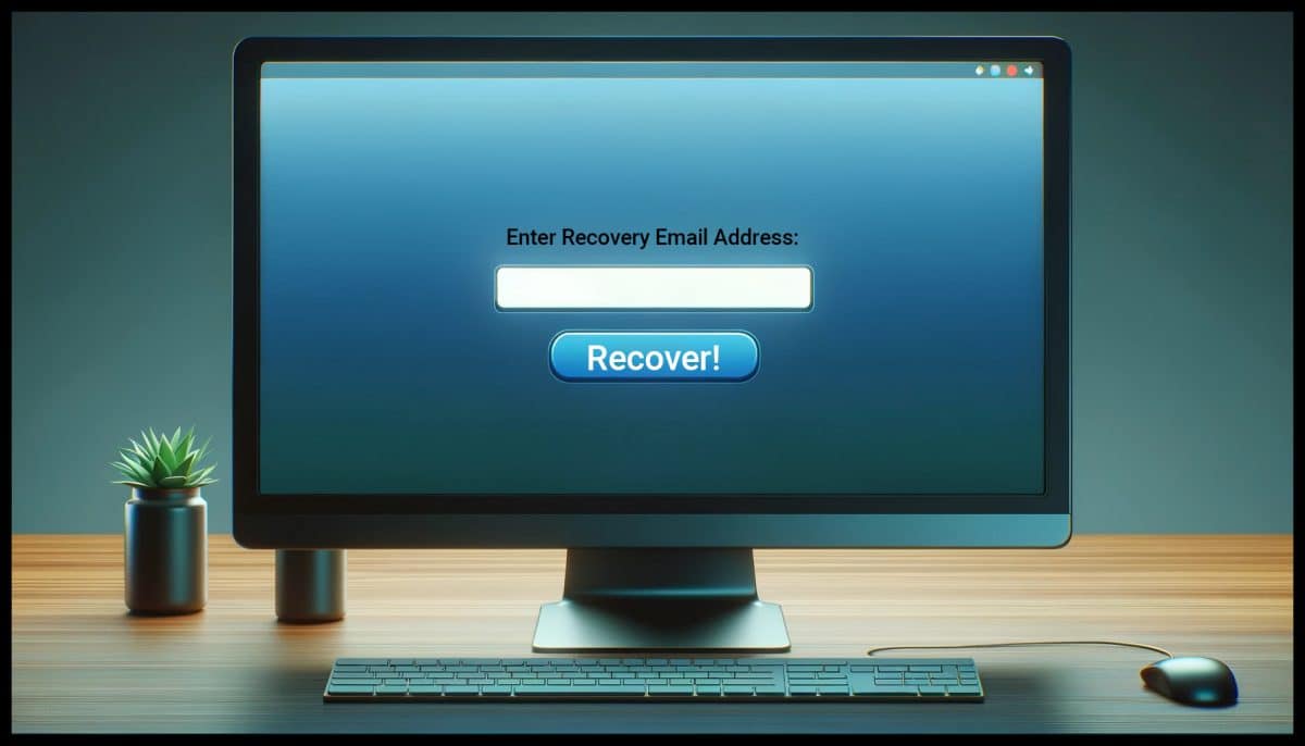 A realistic digital illustration of a PC computer screen. The screen displays a user interface with a prominent, centered prompt that reads "Enter recovery email address:". The background of the screen is a simple, user-friendly design, suggesting a security or account settings page. The entire setting conveys a modern, technological environment, focusing on the importance of security and account recovery. 