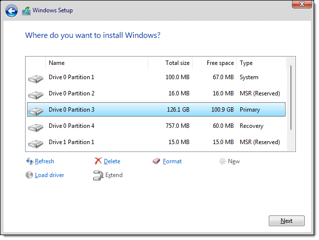 Windows 11 Setup showing existing partitions