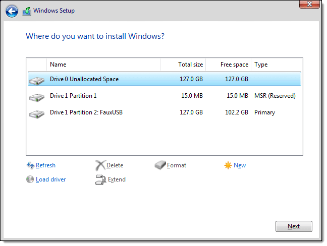 Windows 11 Setup Unallocated space only on drive 0