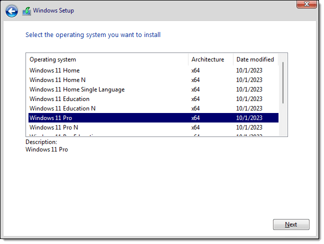 Windows setup version selection