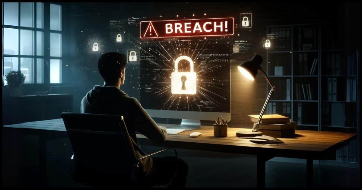 A stressed individual sitting in front of a computer. The computer screen prominently displays a large, bold breach notification alert with the word 'BREACH!' across it. The setting is a modern office space or home desk environment, dimly lit to enhance the seriousness of the situation. Surrounding the individual are visible digital data points floating in the air, symbolizing the breach of digital information. The scene conveys urgency and concern.