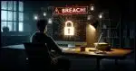 A stressed individual sitting in front of a computer. The computer screen prominently displays a large, bold breach notification alert with the word 'BREACH!' across it. The setting is a modern office space or home desk environment, dimly lit to enhance the seriousness of the situation. Surrounding the individual are visible digital data points floating in the air, symbolizing the breach of digital information. The scene conveys urgency and concern.