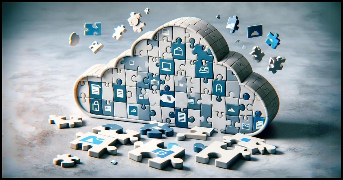 Puzzle pieces of various digital file icons (documents, photos, videos) coming together to form a large cloud symbol, which represents the OneDrive cloud.