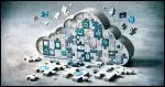 Puzzle pieces of various digital file icons (documents, photos, videos) coming together to form a large cloud symbol, which represents the OneDrive cloud.