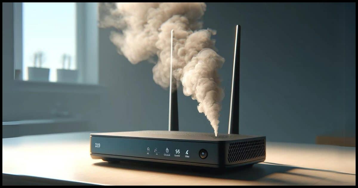 A photorealistic image depicting a router with a small puff of smoke emanating from its ventilation holes, indicating a problem or malfunction. The router is placed on a desk with a clear view of its side, where the smoke is visible. The environment is a typical home or office setting.