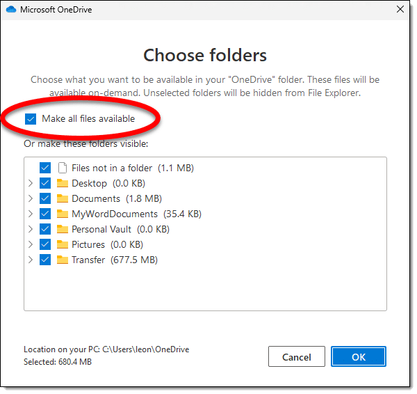 Selecting all folders to be visible.