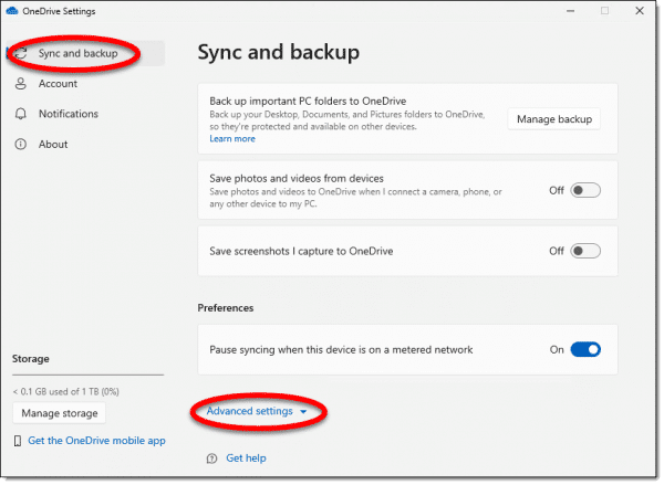 OneDrive Sync and Backup settings.