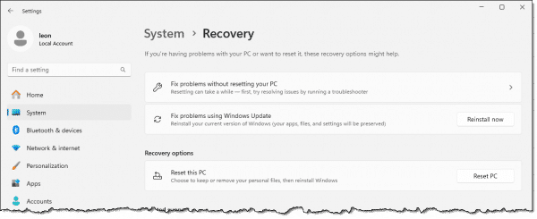 Recovery settings, without the option to roll back.