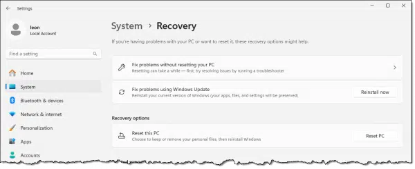 Recovery settings, without the option to roll back.