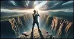 A man standing on a cliff with his hands cupped around his mouth, screaming into the void below. The scene captures a vast, rugged landscape with a deep chasm beneath him, and a dramatic sky overhead. The man is wearing casual outdoor clothing suitable for hiking.