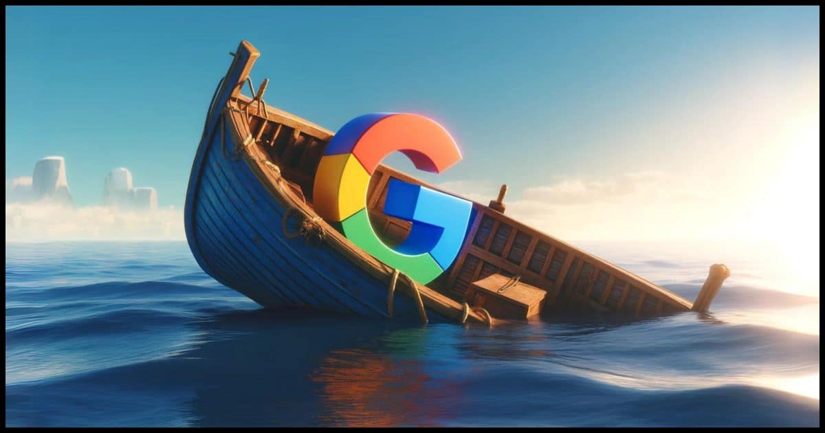A Google logo in a partially submerged sinking rowboat on the ocean. The scene shows a clear blue sky and calm sea. The rowboat is old and wooden, tilted to one side, taking in water, emphasizing the sense of sinking. The Google logo is prominently displayed on the side of the boat, colorful and contrasting with the natural oceanic background.