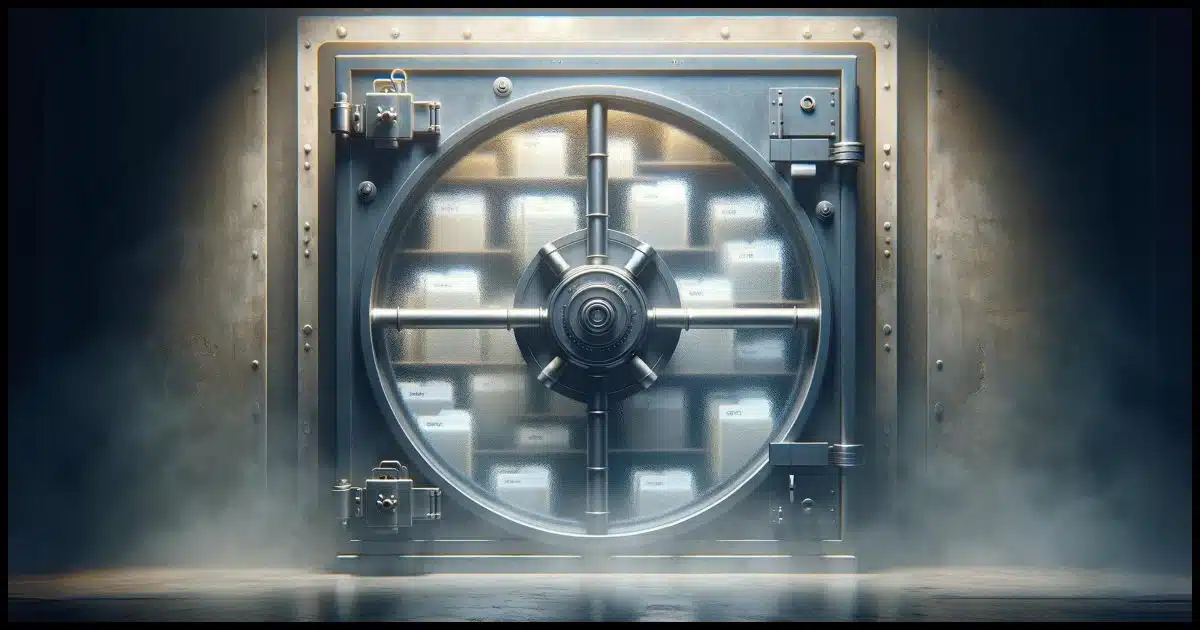A vault or safe with a fogged glass front. Inside the vault, there are vague shapes of files and folders barely visible through the foggy glass.