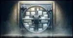 A vault or safe with a fogged glass front. Inside the vault, there are vague shapes of files and folders barely visible through the foggy glass.