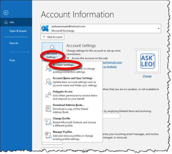 Microsoft Office Outlook Account settings.