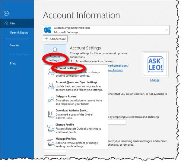 Microsoft Office Outlook Account settings.