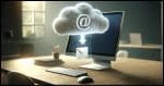 A cloud hovering above a desktop computer. From the cloud, a visible representation of an email message is being moved into the computer, symbolizing the transfer of data from online storage to local storage.
