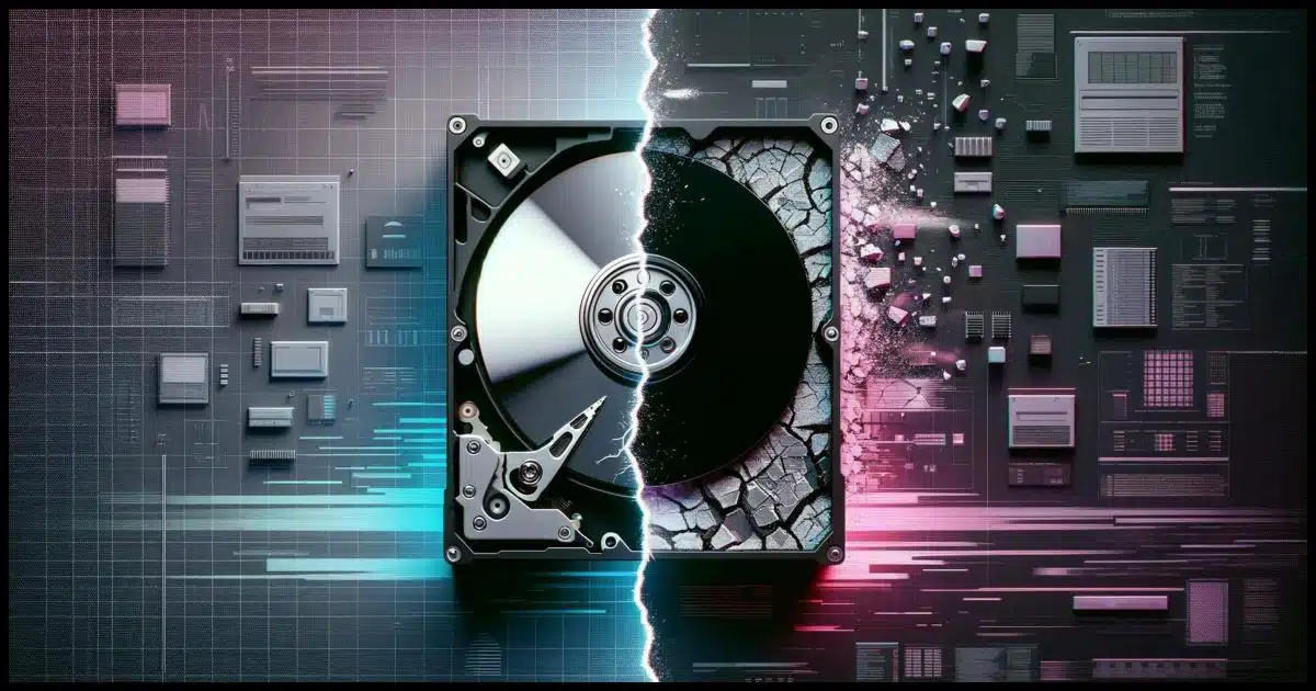 A cracked hard disk juxtaposed with a pristine one, symbolizing sudden versus gradual hardware failure. The background is split in two: one half features a chaotic, glitched computer screen to represent instability and failure, and the other half displays a stable, smooth interface to symbolize normal operation. The composition emphasizes the contrast between sudden and gradual hardware failures.