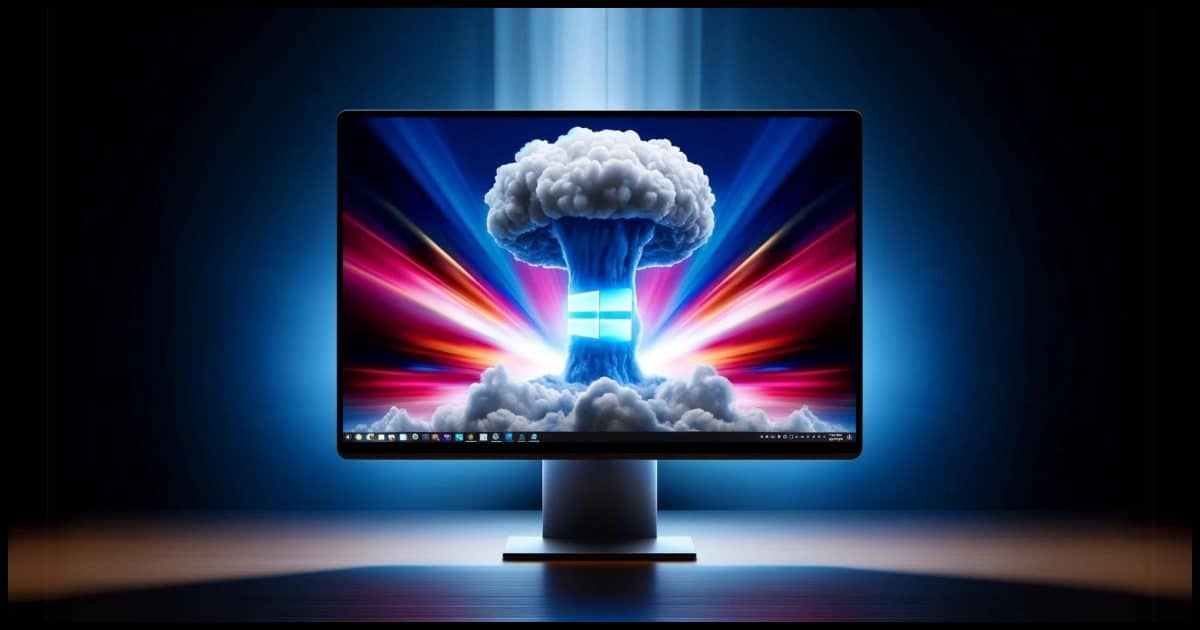 A computer monitor displaying a vibrant Windows 11 wallpaper. In the center of the screen, there's a large, translucent mushroom cloud symbolizing a major system reset or 'nuclear option'.