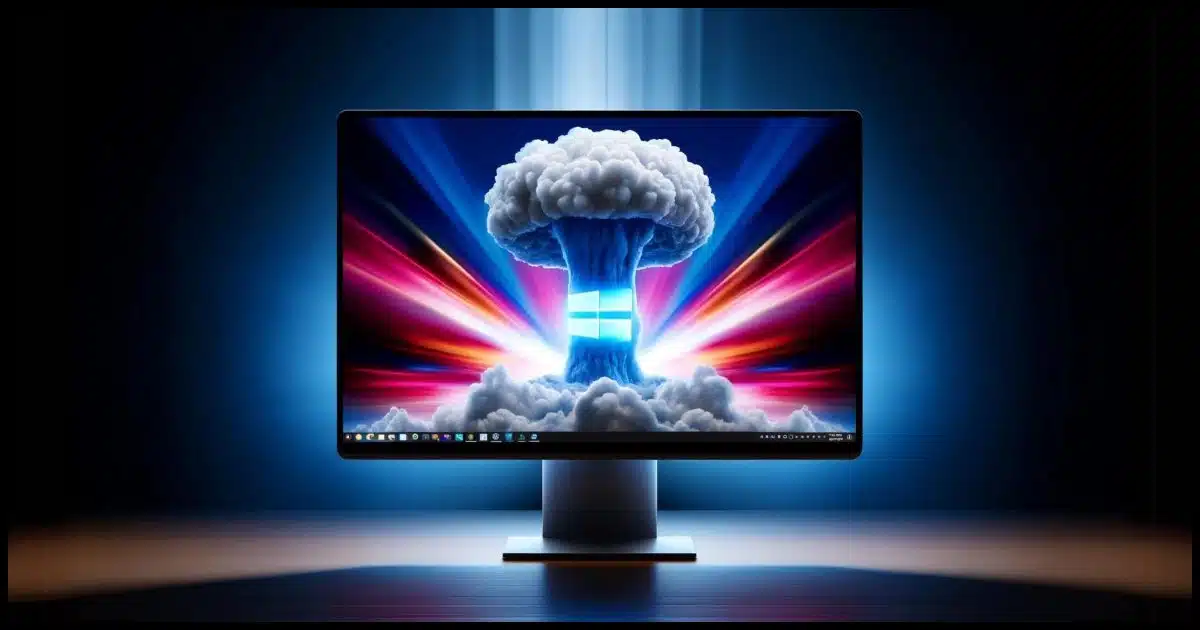 A computer monitor displaying a vibrant Windows 11 wallpaper. In the center of the screen, there's a large, translucent mushroom cloud symbolizing a major system reset or 'nuclear option'.