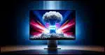 A computer monitor displaying a vibrant Windows 11 wallpaper. In the center of the screen, there's a large, translucent mushroom cloud symbolizing a major system reset or 'nuclear option'.
