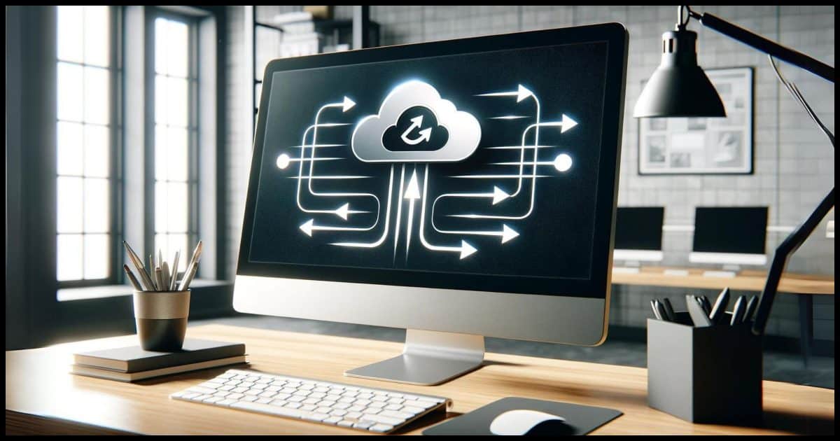 A computer screen. On the screen, there are synchronization arrows connecting to a cloud icon, illustrating the cloud sync process. The background features a modern office setup with a keyboard and mouse on the desk, and a tidy workspace.