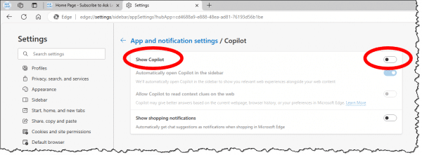 CoPilot settings in Edge.