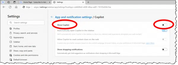 CoPilot settings in Edge.