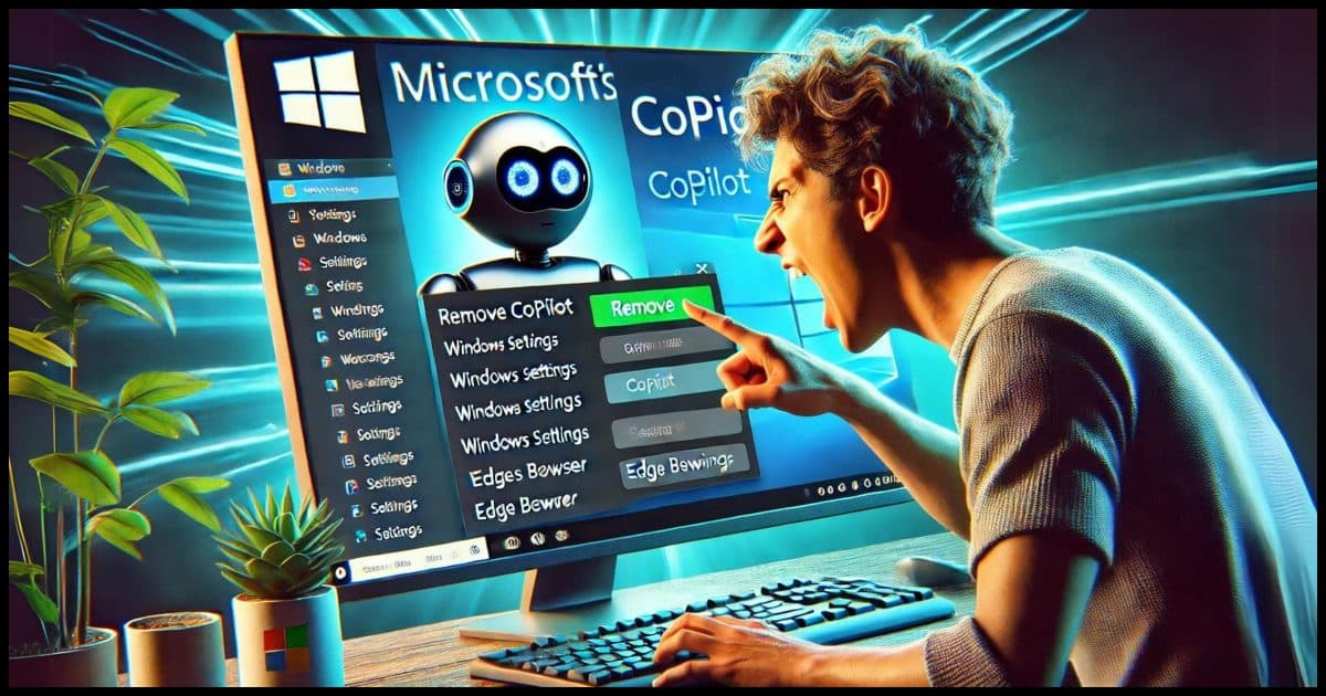 An image representing the mixed reviews and removal of Microsoft's AI, CoPilot. Depicts a frustrated user trying to remove CoPilot from their Windows 11 or Edge browser. Shows a computer screen with the CoPilot icon and settings being adjusted to turn it off. Include visual elements of Windows settings, Edge browser settings, and a user navigating these menus with a look of frustration or determination.